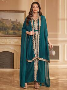 Women's Sequined Dress Set Chiffon TwoPiece Dress Cloak Robe - Green - View 6