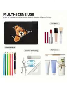 Cute Teddy Bear Zipper Tote Bag, Hand Bags, Purse, Large Capacity Foldable Handbag ,Teddy Tote Bag,Large Makeup Bag,Makeup Pouch, Simple Makeup Storage Bag With Zipper, Stationery Supplies Bag,With Ic Closure, Black & Brown Teddy Bear Print Design, Golden-Toned Zippers,Ideal Gift For Teachers, Friends ,Weddings, Birthdays, Women's Cosmetics Storage,Travel Essential ,Travel Essential Bag - Multicolor - View 9