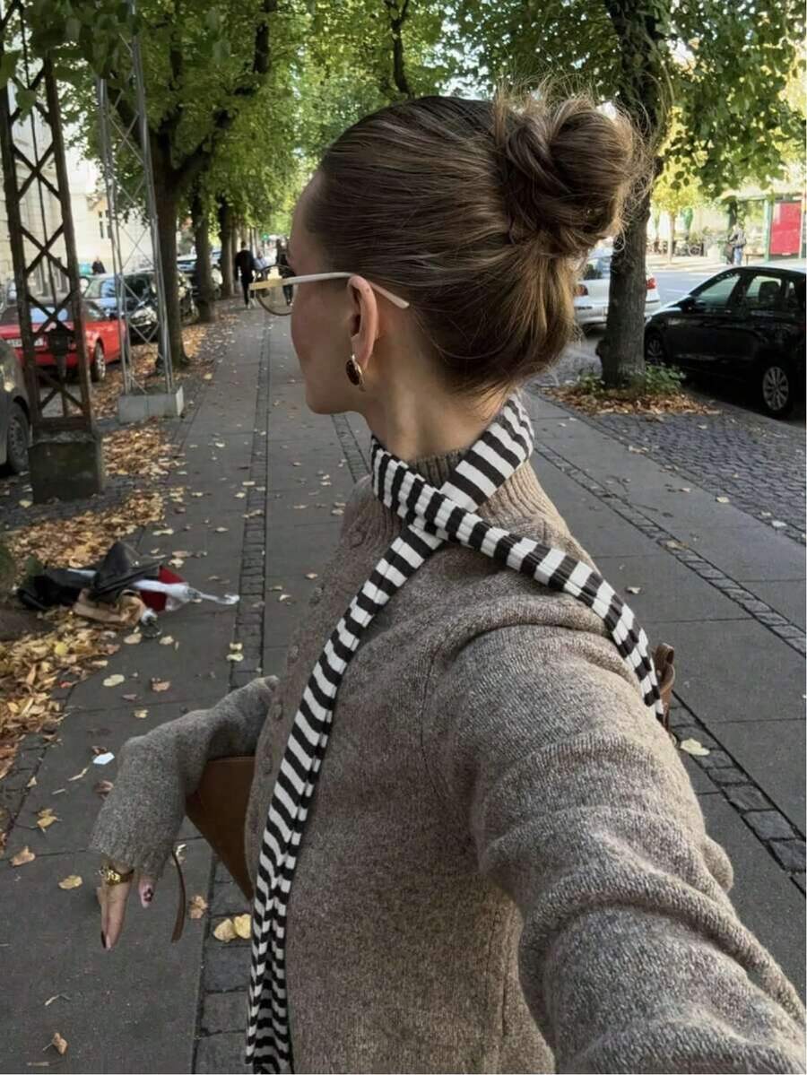 1pc Y2K Vintage Striped Pattern Skinny Scarf, Suitable For Punk Rock Daily Outfit For Dress GS1R - Đen trắng - Xem 1