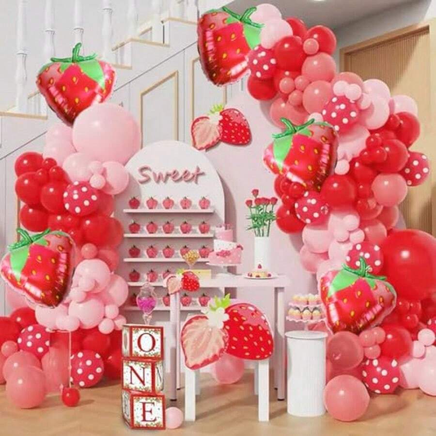 TYUI 154 Pcs Strawberry Shortcake Party Decoration Balloon Garland Arch Kit - 18inch Strawberry Foil Balloons For Berry First Birthday Decor Baby Showers Birthday Parties Bridal Showers - Đỏ và Hồng - Xem 1