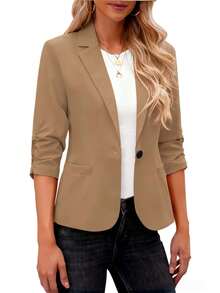 Áo khoác blazer nữ tay lỡ thời trang – Áo khoác vest dệt dáng dài thông thường có túi tiện dụng cho phong cách công sở, thường ngày và đa năng - Màu Khaki - Xem 6
