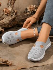 Round Toe Women Flat Shoes, Knitted Casual Ballet Flats, Breathable Summer Slip-On Loafers, Spring Comfy Versatile Flat Shoes, Bohemian Style In Black, Green, Grey, Purple, Suitable For EU Large Size, Summer Lightweight Mesh Casual Walking Shoes, Solid Color Slouchy Shoes - Xám - Xem 2