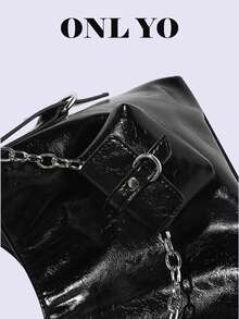 1pc This Y2K Style Chain Shoulder Bag/Handbag/Women's Bag Is In Glossy Black And Features A Small Pocket, Giving It A Cool Street Style Vibe.
