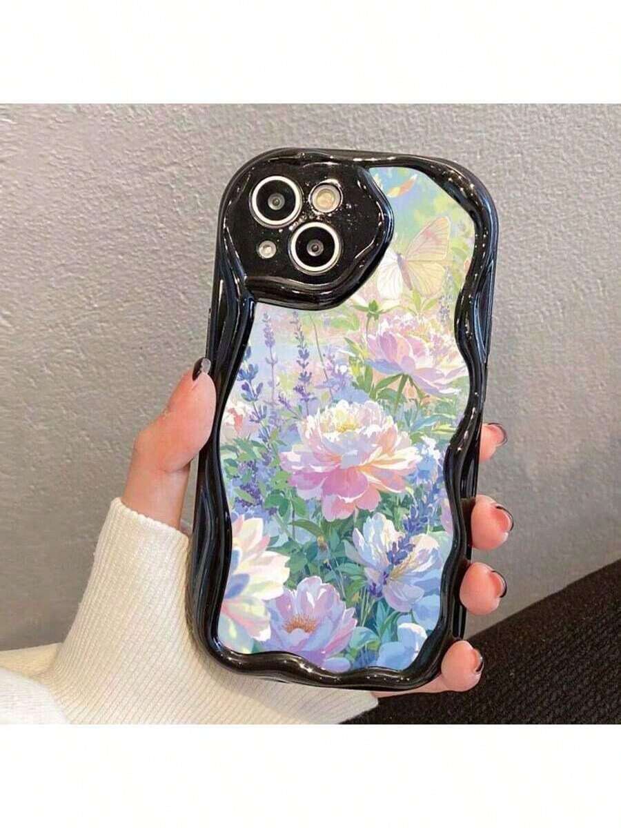 Étui de téléphone motif Jardin de - Cadre vague pour femmes TPU compatible avec iPhone17/17pro/17promax/Air/16/16pro/16pro/15/15pro/15pro/15plus/14/14promax/14plus/13/13promax/12/12pro/12promax/11/11promax/11pro/X/Xs/Xsmax Étui de protection - Noir - Voir 1