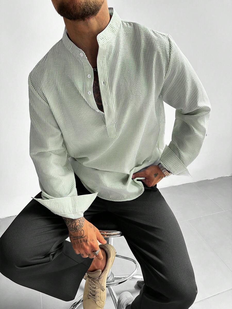 GloMan 男士亚麻混纺半拉链衬衫，轻盈透气长袖休闲宽松度假衬衫，适合假日、派对、办公穿着，独特的男士休闲礼物，蓝色 - 綠色 - 查看 1