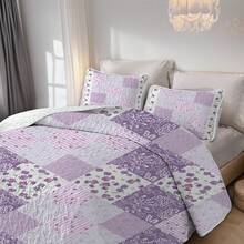 3 Pieces Full/Queen/King Size Aesthetic Quilt Set, Machine Washable Cozy Bedding Coverlet, Microfiber Quilt Cover, Cozy Quilted Blanket Bedding Sets With Pillow Shams, Embroidery Thin Comforter, 2 Pieces Twin Quilt Set - 淡紫色 - 查看 5