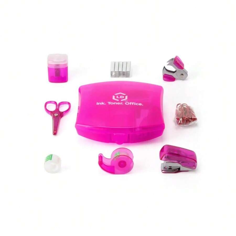 Products Pink Mini Office Supply Kit Portable Case With Scissors, Paper Clips, Tape Dispenser Set, Pencil Sharpener, Mini Stapler With Staples And Staple Remover,Pink - 粉色 - 查看 1