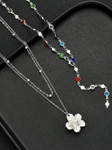 2件套时尚简约花朵吊坠闪亮彩色水晶Y型项链，女士叠戴项链，适合度假、约会、派对、舞会、节日、生日、日常佩戴 - 銀色 - 查看 4