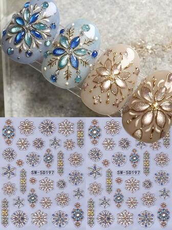 2片装5D奢华宝石浮雕美甲贴纸，金蓝渐变波西米亚风花朵吊坠美甲设计DIY，Y2K时尚自粘凝胶指甲油贴纸，滑动式美甲装饰配件