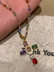 1 PC Vibrant Multicolored Rhinestone Cross Pendant Necklace - Sparkling Statement Accessory With Sexy & Cute Style, Dazzling Design, And Eye-Catching Details - Perfect For Women's Everyday Wear And Special Occasions - Type 1 - View 4