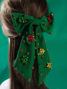 1pc Fashionable Christmas Element Bow Hair Clip, Women PET Material Flower Decor Spring Clip With Rhinestone & Pearl, Holiday Party Essential Accessory, Claw Clips, Hair Slide, Hair Barrettes, Hair Accessories - متعدد الألوان - مشاهدة 6