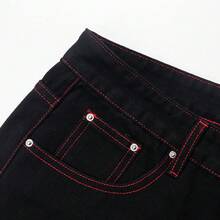 男士新款时尚休闲酷炫刺绣宽松水洗黑色牛仔裤 - 紅色 - 查看 8