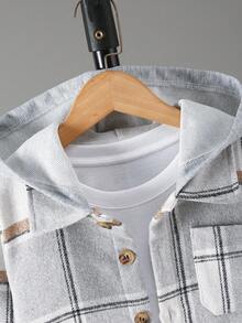 Boys' Hooded Lapel Brushed Plaid Jacket - Grey - View 3