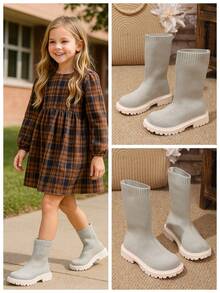 1 Pair Grey Tall Boots For Big Girls, Elastic Knit Fabric, Round Toe, Thick Sole, Comfortable Slip-On Design, Fashion British Style Mid-Calf Leg Warmers Boots, Suitable For 3-15 Years Old Female Students Daily, Casual, School, Outdoor, Spring/Autumn New - Light Grey - View 2