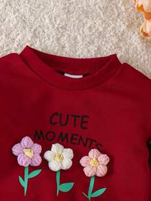 2 件套女童休闲可爱荷叶边花卉图案长袖上衣和裤子套装，春秋 - 酒紅色 - 查看 3