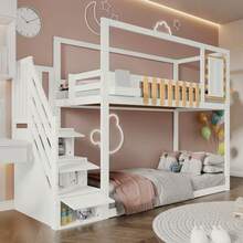 Bunk Bed With Stairs, Window And Storage Box, Solid Pine Frame, Children's Bed With 3 Storage Compartments In The Stairs, With Safety Rail, White, 90x200cm - White - View 3