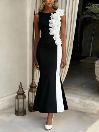 Patchwork Colorblock Floral Print Maxi Elegant Dress