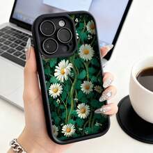 Carcasa para teléfono con borde negro diseño floral de margaritas blancas y hojas verdes estampado natural para uso diario en oficina o casa - Blanco - Ver 3