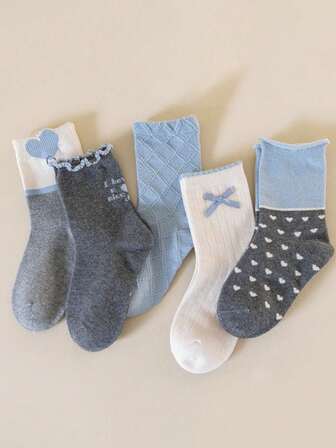 5 Pairs Of Autumn New Children's Medium Thick Socks, Suitable For All Seasons. Daily Wear, Cute, Blue, Bow Socks, Girl Socks,Heart-Shaped Socks