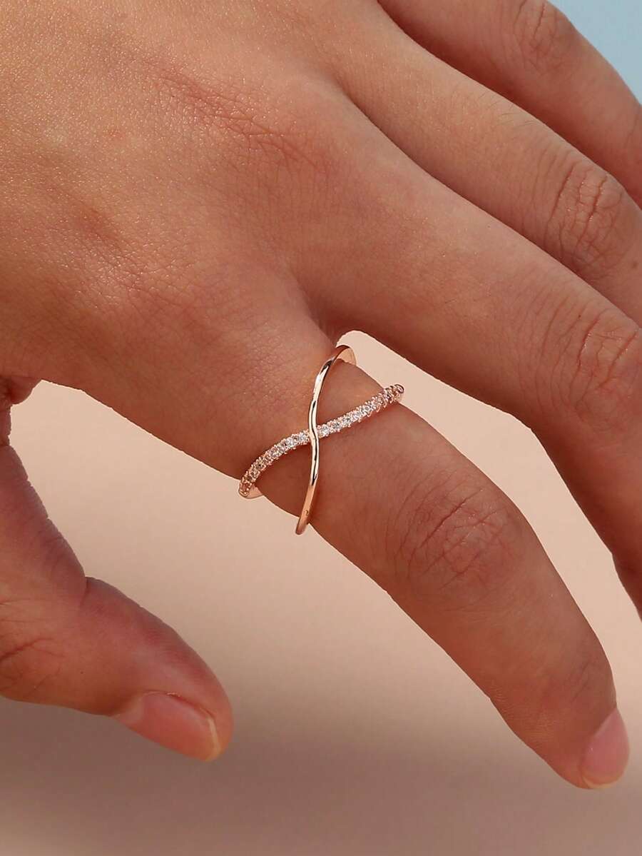 Nooxian 1pc Rose Gold Plated Double Layer Criss-Cross Cubic Zirconia Adjustable Copper Ring For Women