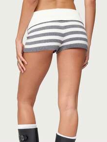 Women Striped Knit Micro Shorts Fold Over Elastic Waist Slim Fit Mini Bottom Y2k Lounge Sweater Shorts - Xám - Xem 2