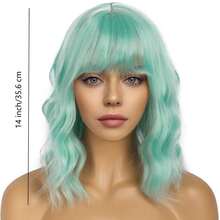 FESHFEN Purple Bob Wig 14 Inch Bob Wigs With Bangs Water Wave Shot Wig,Deep Wave Heat Resistant Fiber Synthetic Wigs For Women Girls Costume Party Or Daily Wear Music Festival, Christmas ,Halloween Cosplay - 薄荷綠 - 查看 3