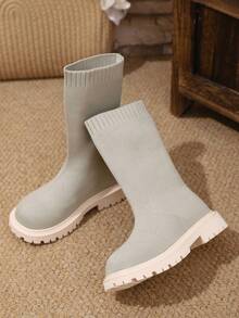 1 Pair Grey Tall Boots For Big Girls, Elastic Knit Fabric, Round Toe, Thick Sole, Comfortable Slip-On Design, Fashion British Style Mid-Calf Leg Warmers Boots, Suitable For 3-15 Years Old Female Students Daily, Casual, School, Outdoor, Spring/Autumn New - Light Grey - View 7
