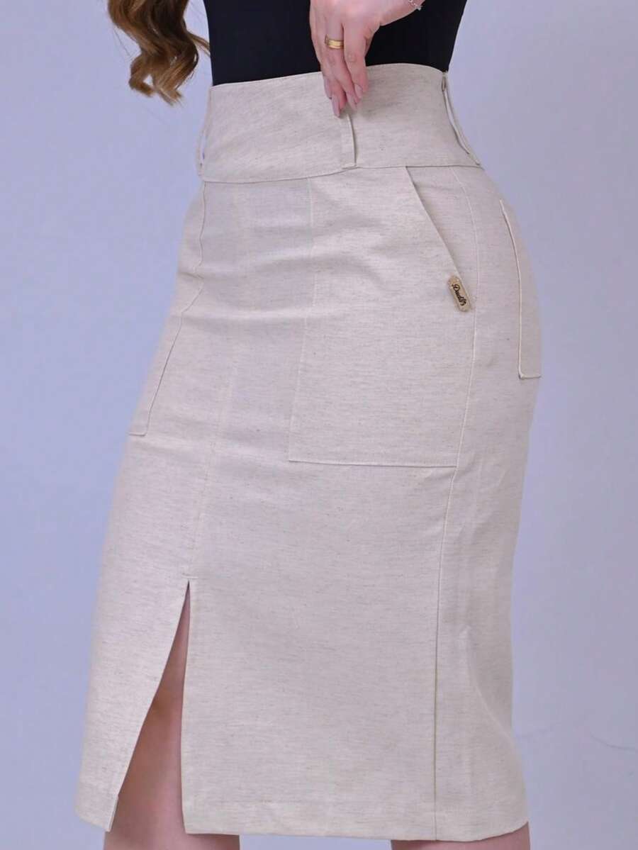 Linen High-Waisted Midi Skirt, Straight Leg, Formal/Office Style, With Front Slit - Màu be - Xem 1