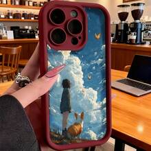 Cubierta de teléfono con borde negro diseño de cielo nubes niña y perro azul claro para uso diario y trabajo - Café integral - Ver 5