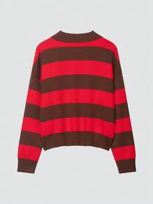女士甜美时尚宽松 Polo 领条纹长袖休闲针织衫，春夏款 - 紅色 - 查看 6
