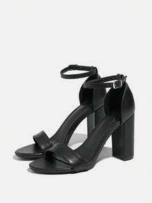 Women's Classic Sandals, Round Toe Chunky Heel High Heels, Leather Strap Thin Strap Peep Toe Sexy Party Banquet High Heels, Black - Black - View 4