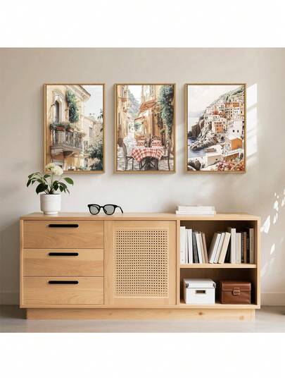 CPWAD 3件套复古意大利街景壁画，地中海意大利乡村墙饰，现代都市景观，沿海小镇自然风光帆布画，适用于客厅、卧室、办公室和家居装饰，无框