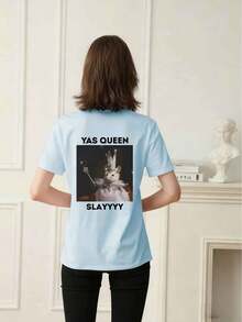 Teen Girl Casual Graphic Print Crew Neck Short Sleeve T-Shirt, Summer Top - Baby Blue - View 2