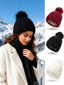 Women's Winter Beanie Hat With Satin Lining And Faux Fur Pom-Pom, Warm Knitted Hats For Women In Winter - Multicolor - View 9