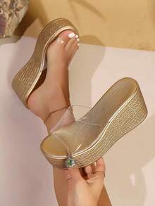 Women's Gold Thick-Soled Sandals, Transparent Lightweight Comfortable Open-Toe Wedge Sandals, Suitable For Summer Wear - Gold - View 1