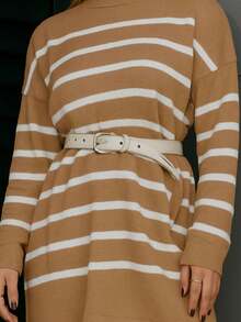 Women's Striped Knit Turtleneck Poncho Cold Weather Blouse Sweater Coat Knitwear Fall/Winter Fashion - 裸體 - 查看 2