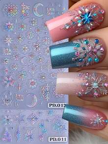 2PCS Winter Colorful Snowflakes 5D Embossed Nail Stickers With White Rhinestone Snow Flower Gradient Nail Decals DIY Decals Self-Adhesive Sliders Nail Art Decoration Manicure Supplies For Christmas New Year Nails - 彩色 - 查看 2