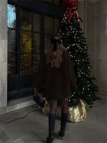 2025新款女士秋冬圣诞约会外套，适合日常外出，优雅法式风格，配有围巾，中长款宽松圆领，前襟纽扣腰带，侧边口袋 - 咖啡棕 - 查看 3