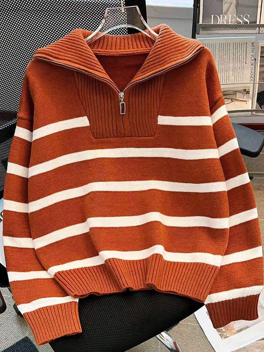 秋冬新款拉链女条纹针织毛衣，时尚简约套头衫，百搭 - 橘色 - 查看 1