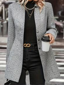 Women's Tweed Coat - Elegant Beige, H-Silhouette Formal & Everyday Outerwear, Long Sleeve Winter Coat For Office, Parties, Casual Outfits - Non-Stretchy Mature Professional Jacket, Office Wear, Tailored Fit, Textured Fabric, Stylish Outerwear, Fashionconscious Buyers - Xám - Xem 1