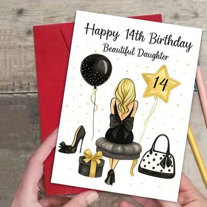 1pc Charming Daughter's 14th Birthday Greeting Card With Envelope - "Happy 14th Birthday Beautiful Daughter" Design, Stylish Scene With Fashion Elements, Perfect For Daughters & Family, Ideal For 14th Birthday Celebrations, Greeting Card|Daughter 14th Card|Paper Greeting Card