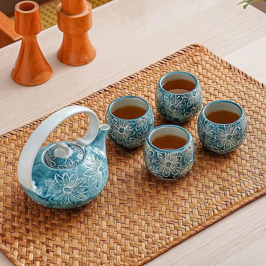 1/4/5pcs Ceramic Tea Cup & Teapot Set, Chrysanthemum Pattern Tea Set, Christmas Gift, High-End Luxury Home Tea Cup, Arabic Coffee Cup, For Entertaining Guests And Friends, Afternoon Tea Cup, Suitable For Cafe To Hold Cappuccino, Latte, Mocha, Herbal Tea, Black Tea, Hot Tea, Home Decor For Christmas, Tea Room, Wedding Gift, Gift For Elders, Easter Gift - Multicolor - View 1