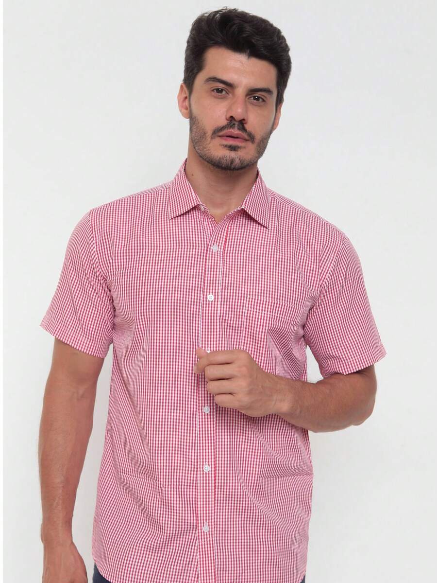 Men's Casual Slim Fit Short-Sleeved Plaid Shirt With Pockets. - Rosa - Ver 1