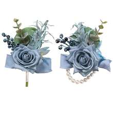Meldel Dusty Blue Corsage And Boutonniere Set, Rose Boutonniere For Men, Prom Flower Wrist Corsage Bracelets, Homecoming Corsages Wristlet, Men Boutonnieres For Wedding Flowers Accessories Prom Suit,BlueWristCorsageandBoutonniereSet - 藍色手腕花和胸花套裝 - 查看 1