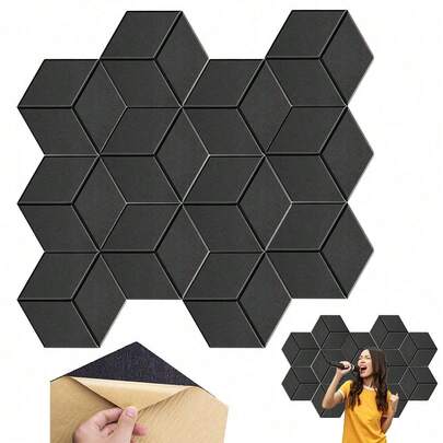 12-Pack Hexagon Acoustic Panels Black - High Density 9.4 Lbs/Cubic Ft Self-Adhesive Sound Absorbing Foam For Walls, Studio & Office Decor