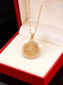 1pc Fashionable & Elegant Cubic Zirconia Stainless Steel Necklace, Suitable For Women's Daily Wear, Jewelry Gift For Valentine's Day - Gold - View 2