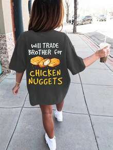 Tween Girl "Chicken Nugget" Funny Print Short Sleeve T-Shirt, Round Neck Tee For Summer, Suitable For Daily, Streetwear, And School Wear - Dark Grey - View 1