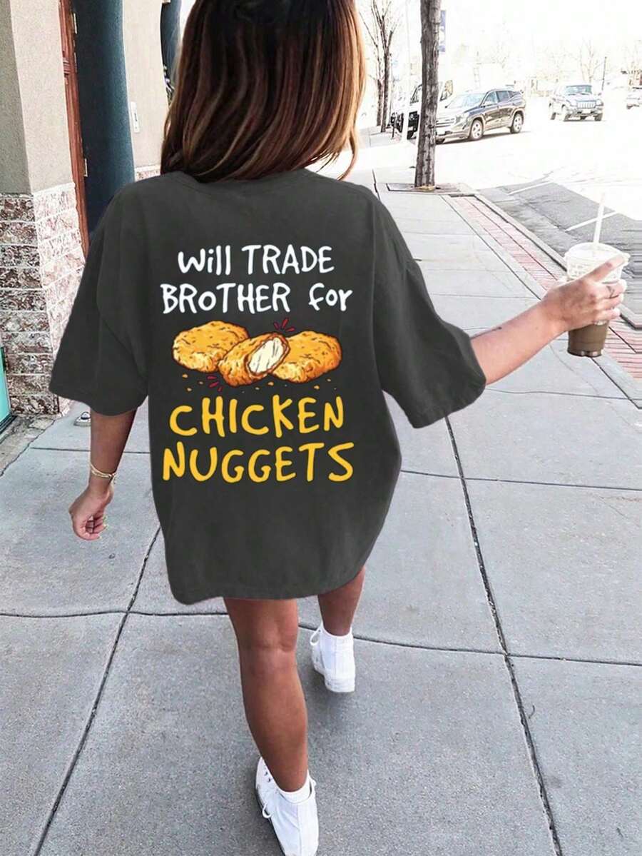 Tween Girl "Chicken Nugget" Funny Print Short Sleeve T-Shirt, Round Neck Tee For Summer, Suitable For Daily, Streetwear, And School Wear - Dark Grey - View 1