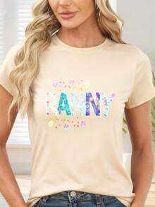 Camiseta de  con Estampado Floral y Letras RANNY para Ocasiones Casuales y Festivas - Albaricoque - Ver 6