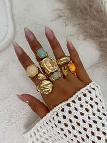 7pcs Vintage European & American Style Luxury Fashion Gemstone Inlaid Rings, Asymmetrical Thick Metal Golden Rings Set, Women Daily Party & Banquet Decorative Jewelry Set - Vàng - Xem 13
